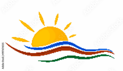 Pixel sun and sea symbol.