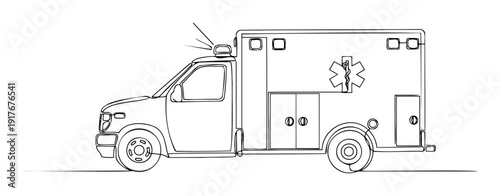 Single line drawing of an ambulance featuring an active emergency light and the Star of Life symbol, suitable for healthcare, first responder, and urgent care service related applications.