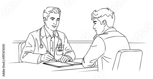 A smiling doctor in a lab coat is consulting with a thoughtful patient at a desk, writing on a document during a medical checkup, suitable for healthcare communication and educational