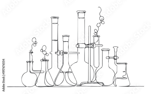 Elegant one line drawing of various chemical laboratory glassware including flasks beakers and graduated cylinders for science education and academic research presentations