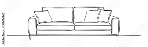 Minimalist continuous line drawing of a comfortable twoseater sofa with cushions, perfect for interior decor projects, furniture catalogs, or home living advertisement materials.