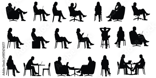 Diverse Silhouettes of People Sitting and Working on Laptops in Various Poses vector illustration