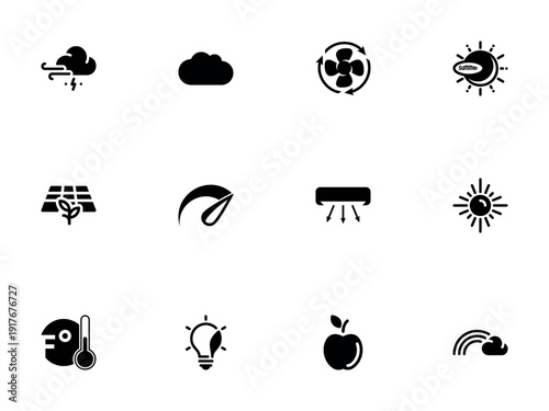 Black Silhouette Icons Set of Weather Conditions and Climate Control