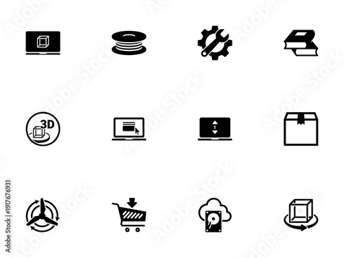 Comprehensive Set of Black Silhouette Icons for 3D Printing and Design
