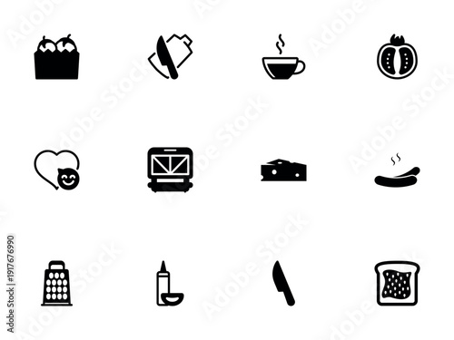 Diverse Collection of Black Food and Kitchen Utensil Silhouette Icons