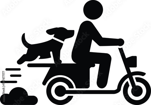 A person riding a scooter with a dog on the back. Vector