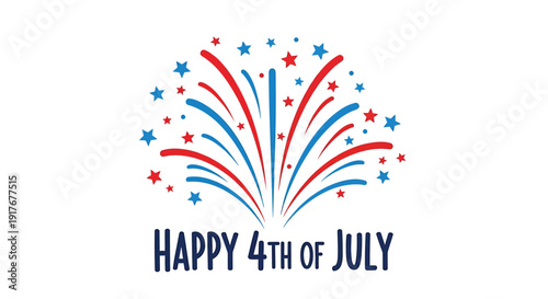 Patriotic 4th of July celebration vector graphic with fireworks and stars. Includes red, white, and blue colors. Created in festive style with bold lines.