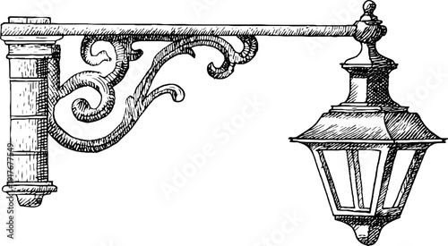 Vintage hand-drawn engraving of coach lamp with ornate bracket