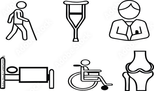 Medical and rehabilitation icons for healthcare and physical therapy