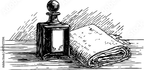 Vintage aftershave bottle and stopper sketch for retro design and print