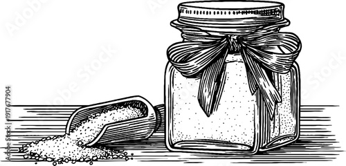 Vintage engraving of bath salts jar with ribbon and wooden scoop for spa design