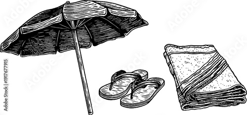 Vintage beach essentials set: umbrella, towel, and sandals - hand drawn engraving for summer design