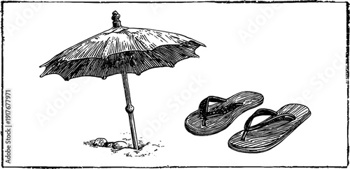 Vintage beach scene with umbrella and sandals engraving for retro design projects