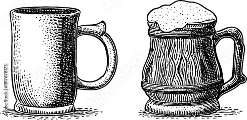 Vintage brewery theme with engraved mugs and foam for beer design