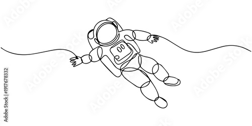 Minimalist astronaut floating space walk continuous line art drawing vector