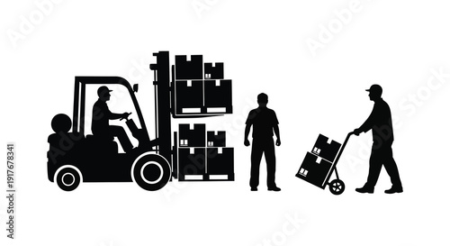 A black silhouette depicting logistics workers with a forklift boxes and dolly on transparent background high quality professional detailed modern elegant