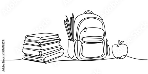 Back to school supplies set books, pencils, backpack, and apple continuous one line drawing