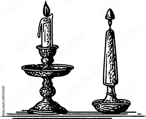 Vintage engraving of candle holder and taper candle set for retro decor and design