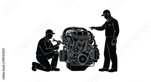 Two mechanics inspecting a complex engine one kneeling and one pointing in a striking silhouette on transparent background high quality professional