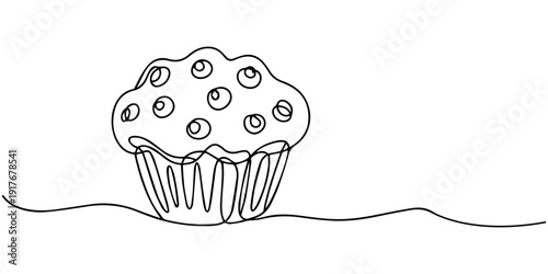 Cupcake continuous line art, Continuous Line Drawing Of Cup Cake. One Line Of Muffin Cake. Cake Continuous Line Art. Editable Outline, Cupcake Continuous Line Icon, One single line drawing of fresh