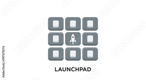 Launchpad icon with a grid of gray squares and a rocket taking off from the center, isolated white background.