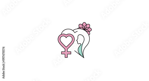 Stylized Venus symbol combined with a female face and flower, representing femininity and beauty, isolated white background.