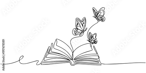 Flying book one line drawing with butterfly. Continuous hand drawn contour vector. Illustration of Creative and freedom.