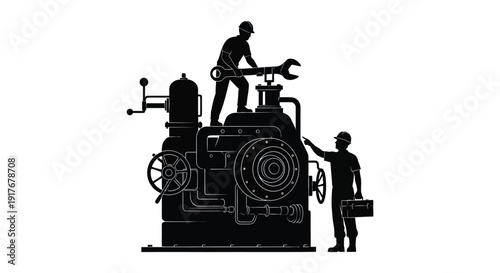 A black silhouette depicting mechanics working on a vintage steam engine machine on transparent background high quality professional detailed modern elegant