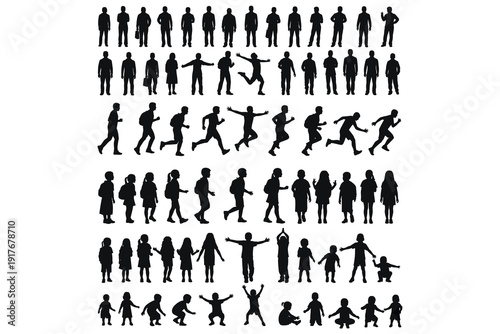 Large collection of black human silhouettes in various poses and ages on white Keywords: silhouette, people, human, man, woman