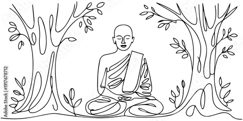Buddhist monk meditating in a tranquil forest, surrounded by nature, calm and spiritual continuous one line drawing