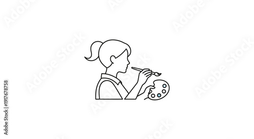 Woman Artist Painting with Brush and Palette on Isolated White Background