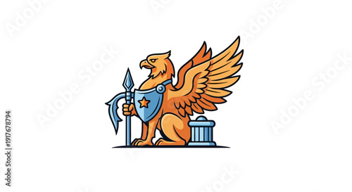 Majestic Griffin Heraldic Creature Holding Spear and Shield on isolated white background