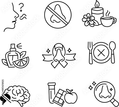 Anosmia icons depicting smell loss symptoms