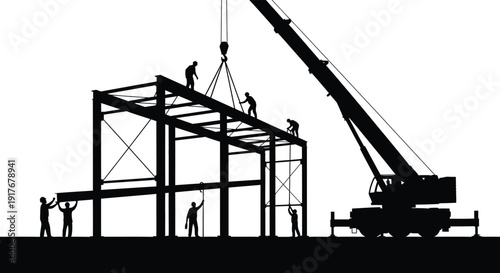 Construction scene depicting a crane lifting steel beams with workers a striking silhouette on transparent background high quality professional detailed modern