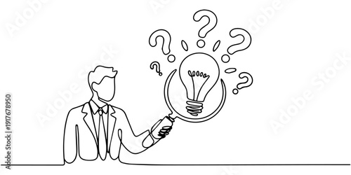Businessman holding magnifying glass with glowing light bulb and question marks, representing problem solving, finding solutions, critical thinking, and innovative decision continuous one line drawing
