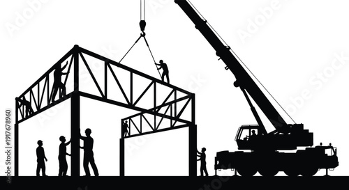 Construction site with a crane lifting steel beams and workers building a structure on transparent background silhouette high quality professional detailed