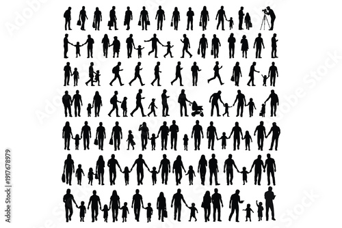 Large collection of diverse human silhouettes in various poses and family groups people