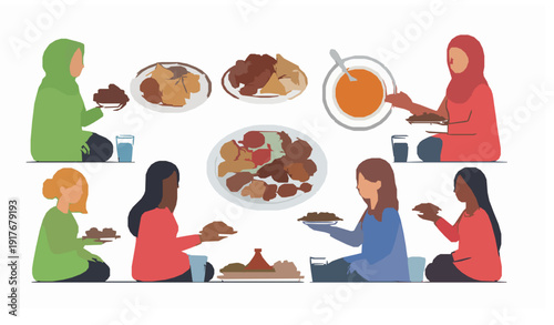 Ramadan iftar gathering women enjoying traditional meal vector scene