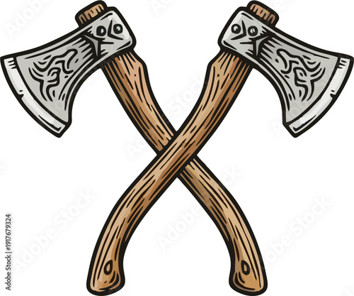 Crossed Axes Vintage Vector Emblem with Engraved Metal Heads and Wooden Handles, Lumberjack Tool Icon