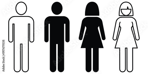 Male and Female Figures in Outline and Silhouette on White Keywords: man, woman, male, female, people, figures, icons, symbols