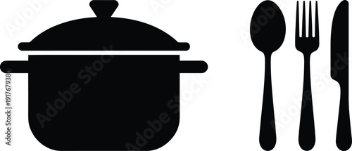 A simple black and white illustration of a pot and cutlery on a white background. Vector