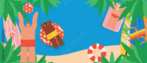 Colorful top view illustration of a summer pool scene with inflatable mattress, swimmers and tropical leaves. Bright seasonal composition ideal for vacation designs, pool party invitations, travel web