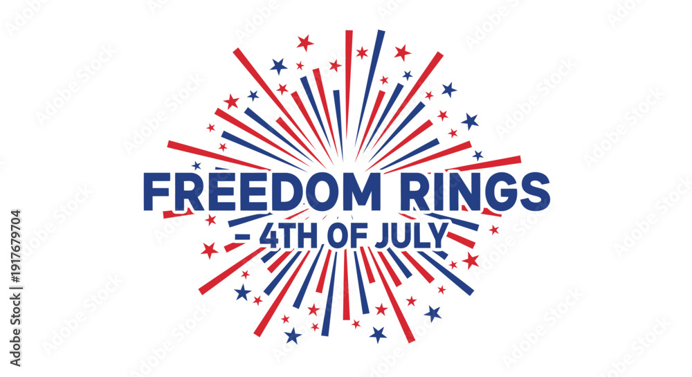 Obraz premium Patriotic 4th of July freedom rings logo. Includes red, white, and blue starburst design with text. Created in vector style with bold typography and vibrant colors.
