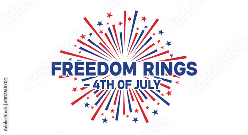 Patriotic 4th of July freedom rings logo. Includes red, white, and blue starburst design with text. Created in vector style with bold typography and vibrant colors.