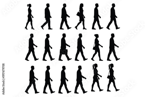Rows of black silhouettes of men and women walking forward on a white background Keywords: silhouette, people, walking, men