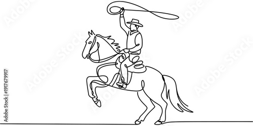 Minimalist continuous line drawing of a cowboy riding a horse while swinging a lasso