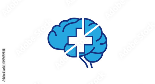 Brain Icon with Medical Cross Symbolizing Mental Health and Neuroscience on isolated white background