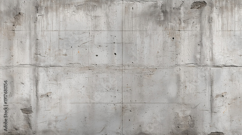Industrial raw concrete wall with visible formwork seams surface pitting and vertical weathering stains
