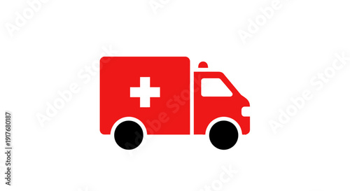 Red ambulance vehicle icon, emergency medical service transport on isolated white background.