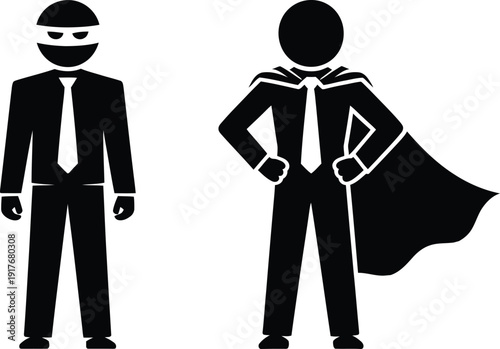 A masked man in a suit stands beside a superhero figure with a cape and confident stance. Vector